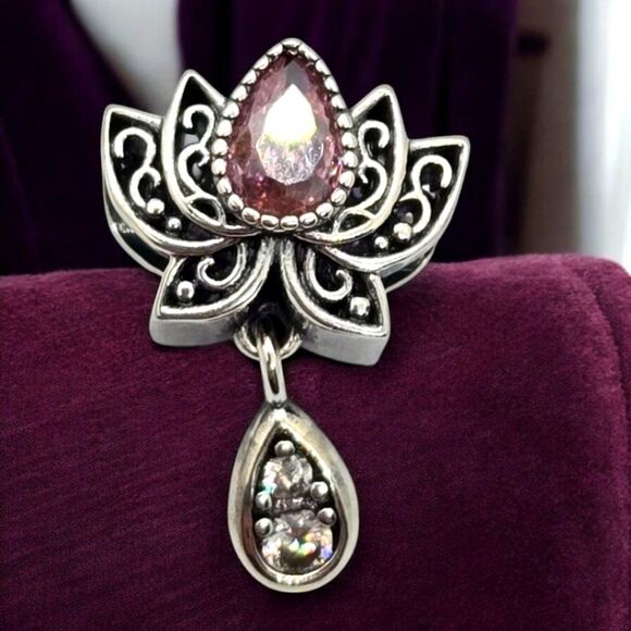 Lotus Flower Charm S925 Sterling Silver Purple Dangle Bracelet Bohemian Tribal - Picture 5 of 5